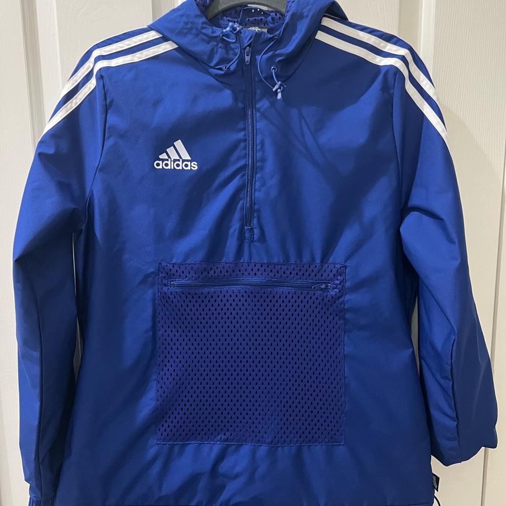 Adidas NWOT bright blue Windbreaker/Rain-jacket …never worn. Lined w hood